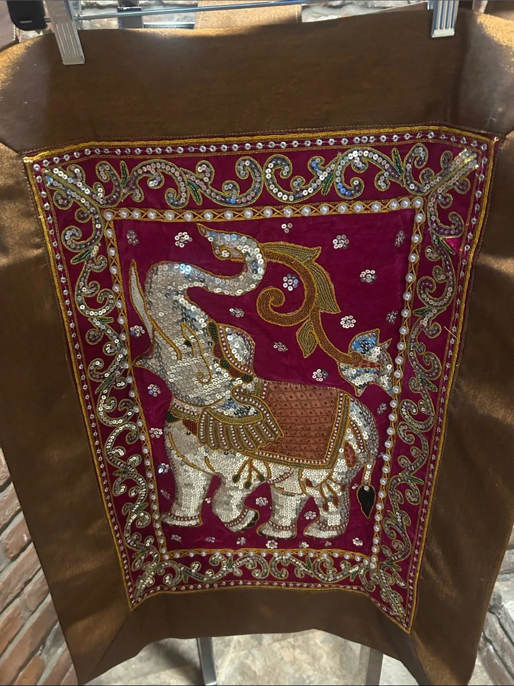 Embellished Elephant Wall Hanging in Burgundy and Gold 20” x 26”